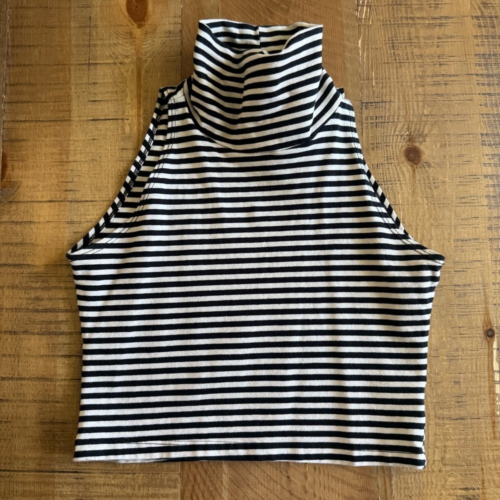 American Apparel Striped Black and Cream Tan Sleeveless Turtleneck Top Crop